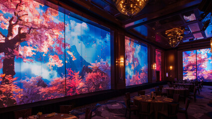 event closed room, all the wall covered by led screen, beautiful landscape on led screen 