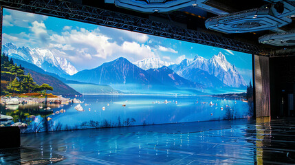 event closed room, all the wall covered by led screen, beautiful landscape on led screen  - obrazy, fototapety, plakaty