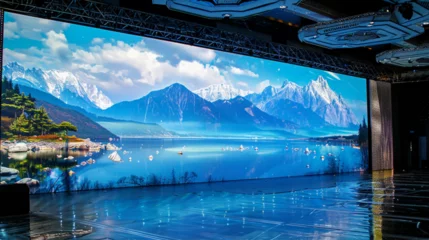 Foto op Canvas event closed room, all the wall covered by led screen, beautiful landscape on led screen  © Kholoud