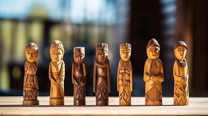 Carved wooden figurines in a row, handmade souvenirs of Altai Republic, Russia.


