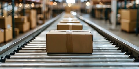 Packages advancing along conveyor belt in warehouse symbolizing efficient ecommerce delivery. Concept E-commerce Efficiency, Warehouse Automation, Conveyor Belt Technology, Order Fulfillment