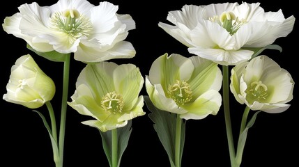 a group of white flowers sitting next to each other on top of a black background in front of a black background.