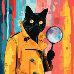 black cat detective in a vibrant trench coat holding a magnifying glass, against a colorful abstract background