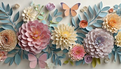 Paper flowers with butterflies in 3d