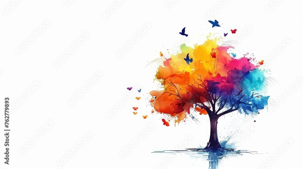 Poster a watercolor painting of a colorful tree on a white background with a reflection of the tree in the 