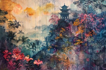 Artistic fusion of watercolor and Malayu motifs, depicting the lush landscapes and cultural richness of the Malay world.