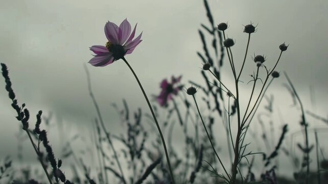 a purple flower sitting in the middle of a field of tall grass on a cloudy day with a gray sky in the background.