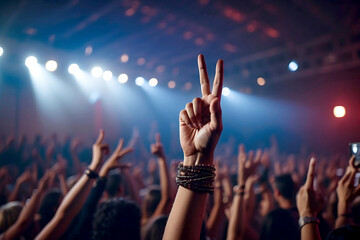 People at a concert hands raised in the air with fingers. People dancing in a club. Close-up of...