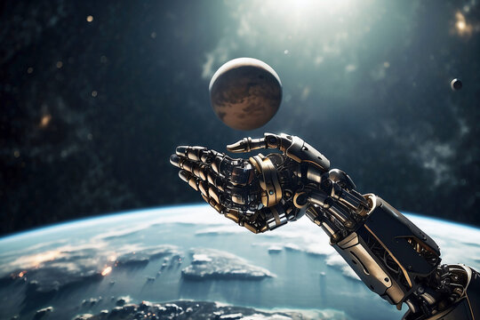 Humanoid robot arms in space against the background of the earth. Manipulator