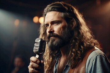 Portrait of a rock singer with electric guitar and attached acoustic microphone at a concert venue. Heavy metal performer singing a song. Rock 'n' roll day concept