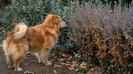 a brown and white dog standing next to a bush with purple flowers in the background and a bush with purple flowers in the foreground.