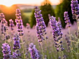 Fototapeta premium Lavender field in sunset warm lighting