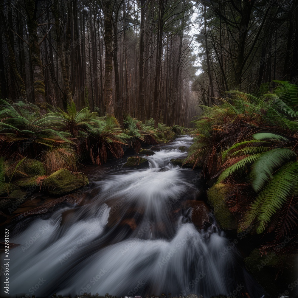 Poster a stream running through a forest filled with lots of green plants and tall, leafy trees on either s