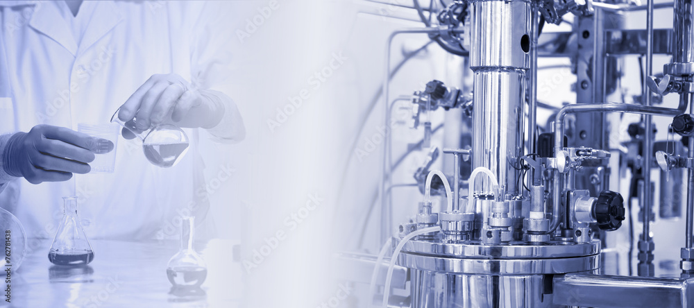 Poster biological research in laboratory. fragment of bioreactor. test tubes with reagents in hands of scie