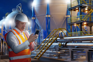 Man works at chemical factory. Guy near manufactory. Factory engineer with phone in his hands....