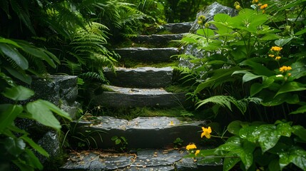 Stone steps surrounded by lush greenery