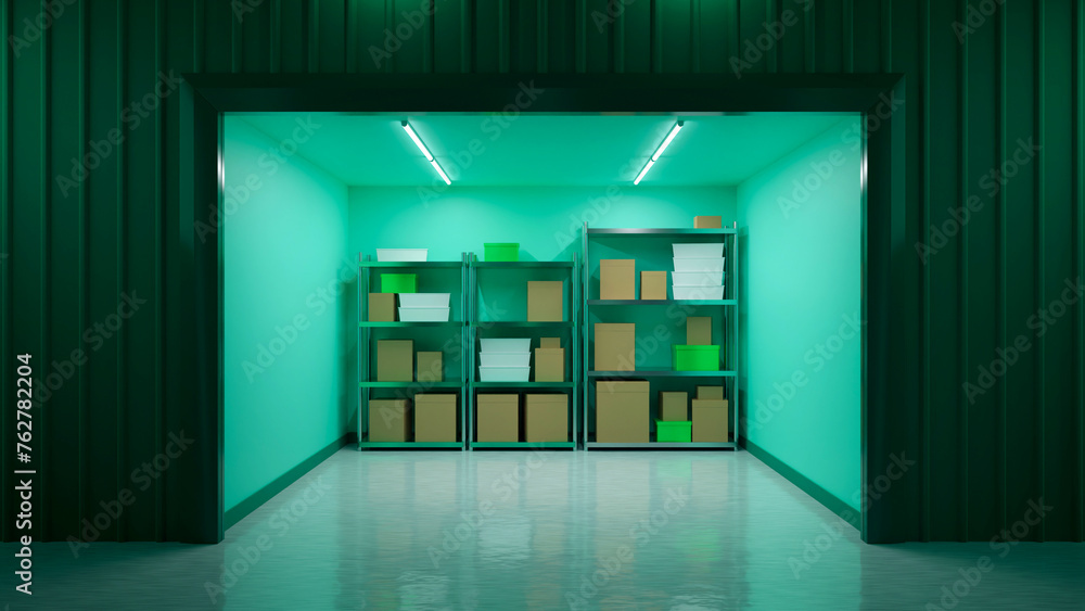 Aufkleber storage unit. warehouse container with boxes. storage unit with open gate. warehouse space with shel