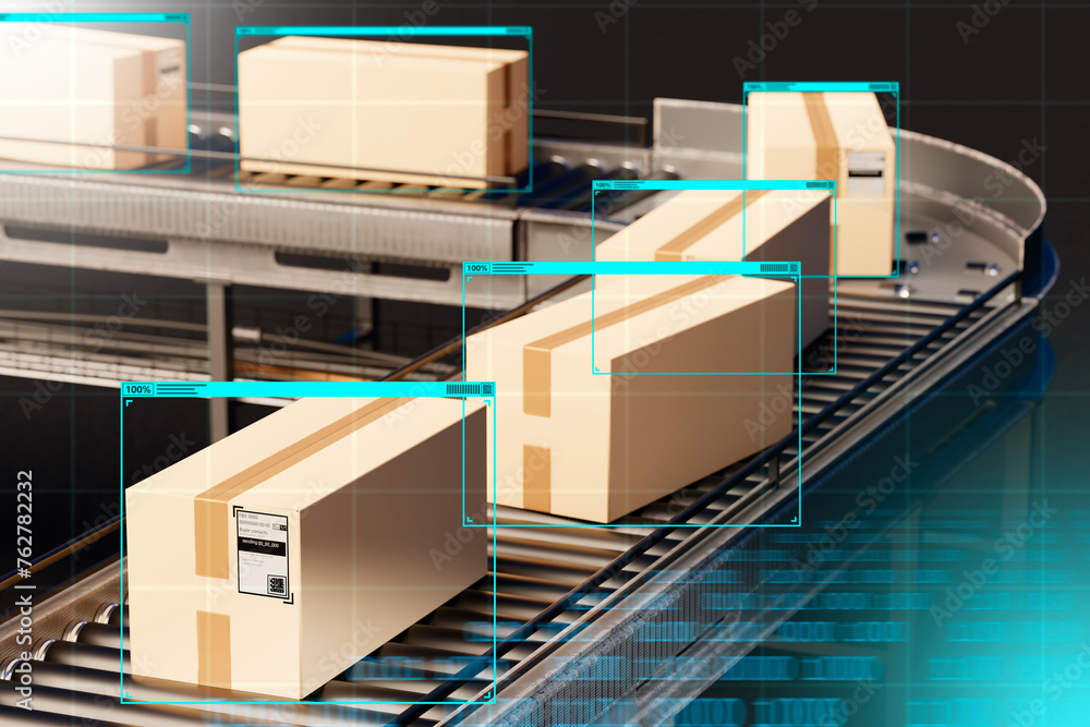 Poster warehouse tech. conveyor with boxes. machine vision recognizes parcels. warehouse with artificial in