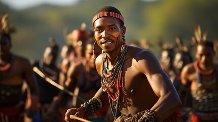 Fototapeta na wymiar MANZINI, SWAZILAND - A Swazi prince performs a traditional dance with fellow warriors at the country's 50:50 celebrations.