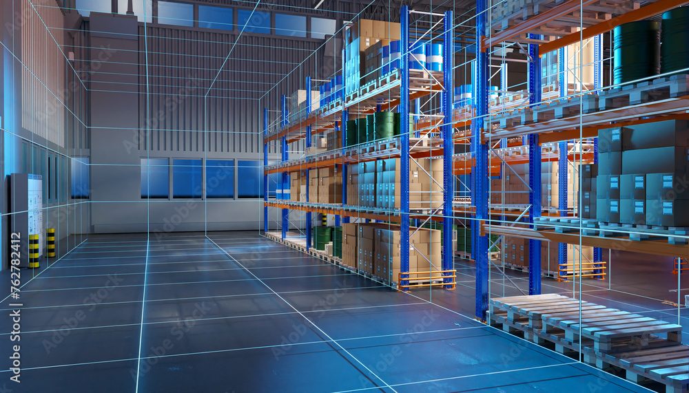 Poster warehouse of large factory. storage area inside industrial building. warehouse with machine vision l