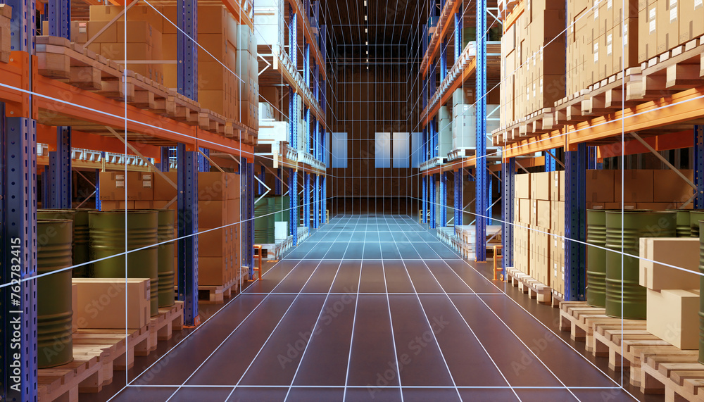 Poster warehouse interior. logistics company storage. warehouse with boxes and barrels. multi-tiered racks 