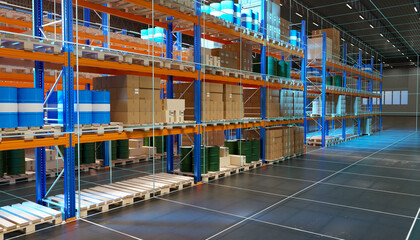 Warehouse manufacturing enterprise. Multi-tiered racks with boxes and pallets. Interior modern warehouse building. Storage area inside industrial enterprise. Warehouse with machine vision. 3d image