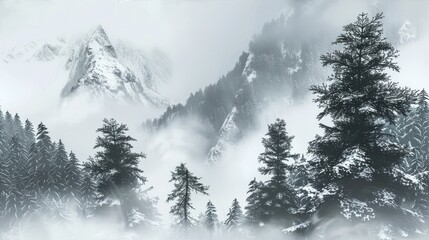 a black and white photo of a mountain with pine trees in the foreground and a foggy sky in the background. - obrazy, fototapety, plakaty