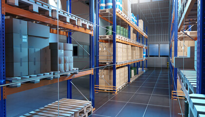 Distribution company warehouse. Warehouse racks inside large hangar. Distribution warehouse with boxes and barrels. Factory storage area. Storehouse furniture for placing pallets. 3d image - obrazy, fototapety, plakaty
