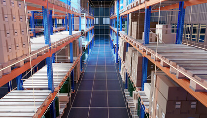 Warehouse of courier company. Delivery service storage area. Shelves with boxes inside industrial...