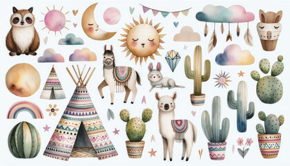 A whimsical collection of watercolor illustrations featuring adorable animals, cacti, celestial bodies, and teepees in soft pastel colors. - obrazy, fototapety, plakaty