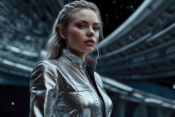 Portrait of a female astronaut in space on the planet mars