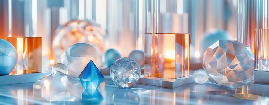 Crystal Symphony: Gleaming Geometric Shapes Amidst Iridescent Pillars - Powered by Adobe