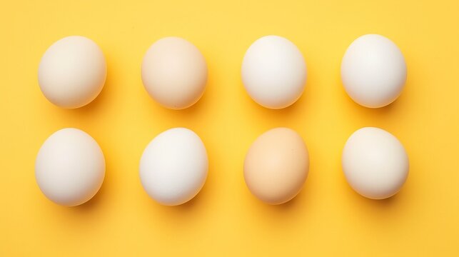 Poultry products. Pattern of white chicken eggs on a yellow background with a bright shadow. One egg is broken.


