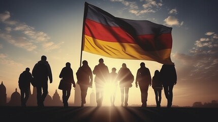 Silhouette of refugees walking with Flag of Germany as a background.


