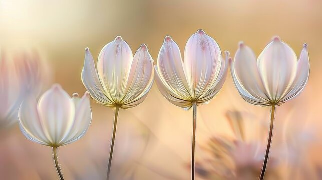 A Group Of White Flowers Sitting Next To Each Other On Top Of A Lush Green Field With A Yellow Sky In The Background.