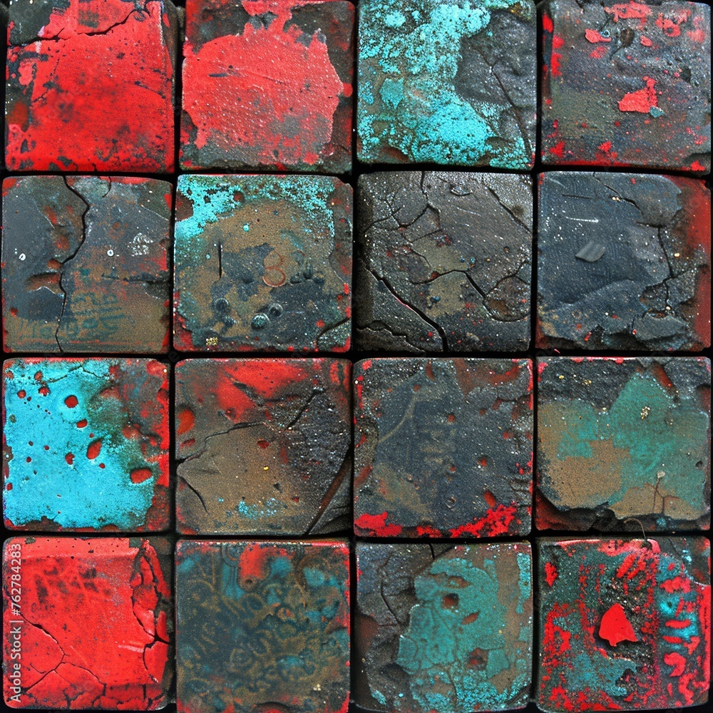 Poster a close up of a red and blue tile with a black grungy design in the middle of it.