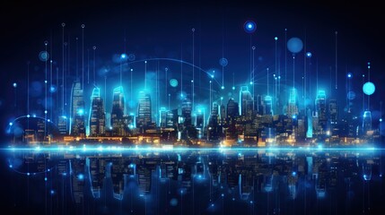 smart city building technology on global. network connection and intelligent city on blue dark background. vector illustration fantastic hi tech. iot digital transformation.internet of things concept. - obrazy, fototapety, plakaty