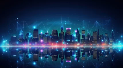 Fotobehang smart city building technology on global. network connection and intelligent city on blue dark background. vector illustration fantastic hi tech. iot digital transformation.internet of things concept. © Tumelo