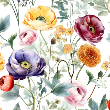 pattern of multicolored wild flowers with ranunculus in style of watercolor painting with white background