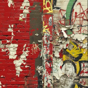 a red brick wall covered in graffiti next to a white brick wall with a green and yellow clock on it.