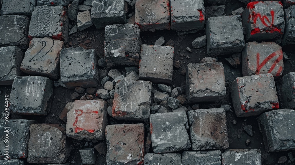 Poster a pile of blocks of cement with graffiti on them and a red spray painted on the side of the block.