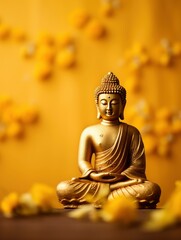 Buddha statue on golden background and copy space - generative ai