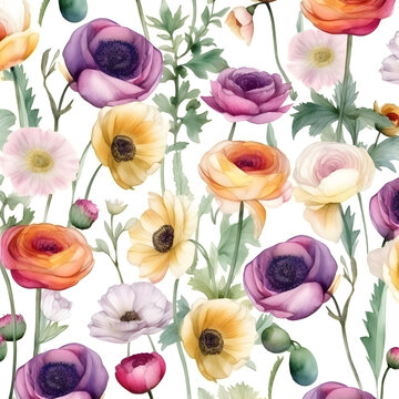 pattern of multicolored wild flowers with ranunculus in style of watercolor painting with white background