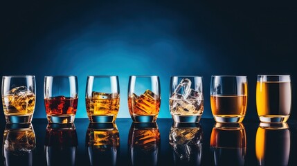 Strong alcohol drinks, hard liquors, spirits and distillates iset in glasses: cognac, scotch, whiskey and other. Blue background, top view.


