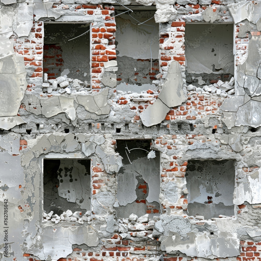Aufkleber a bunch of windows that are in the side of a building that has been torn down with some paint on the