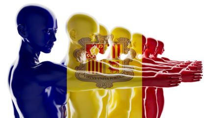 Spectral Sequence of Mannequins Exhibiting Andorra Flag Colors and Coat of Arms