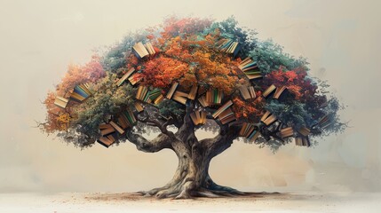 A magnificent tree with leaves made from colorful books represents the tree of knowledge, with a background signifying the four seasons, conveying growth and the perennial nature of learning.