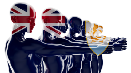 Sequential Mannequins Merging from UK to Anguilla Flag Colors and Emblem