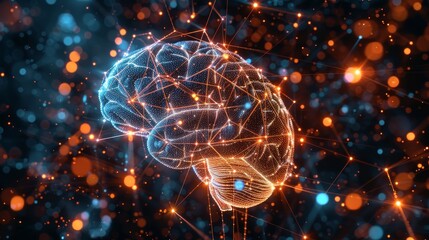 a glowing digital brain surrounded by a network of connections, highlighting themes of artificial intelligence, cognitive science, and advanced computing.
