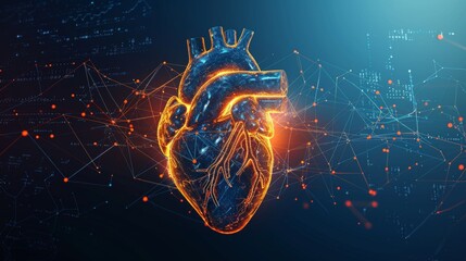 a radiant heart diagram within a complex network of glowing digital connections, symbolizing the intersection of health and advanced technology.